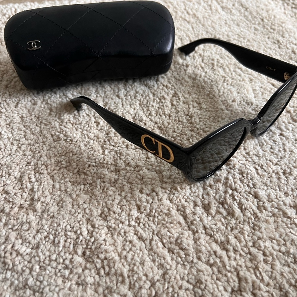 Dior Black Rectangular Sunglasses with Gold Logo